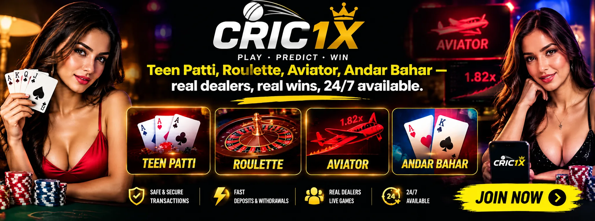Teen Patti, Roulette, Aviator, Andar Bahar — live dealers on Cric1x