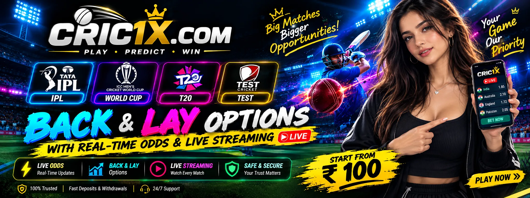 Cricket — IPL, World Cup, T20, Test back & lay markets on Cric1x