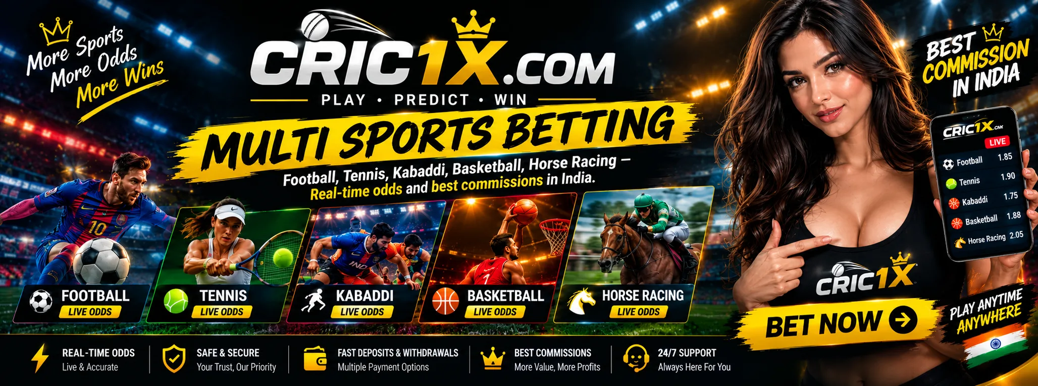 Football, tennis, kabaddi, basketball, horse racing — real-time odds on Cric1x